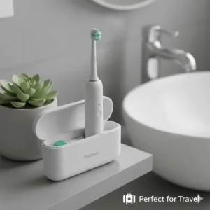 A budget-friendly electric toothbrush tucked into a compact travel case on a bathroom shelf.