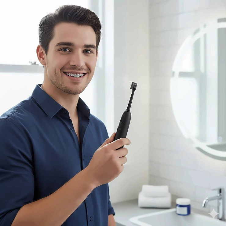 A person with ceramic braces using a premium electric toothbrush in a modern British bathroom. electric toothbrush for braces uk