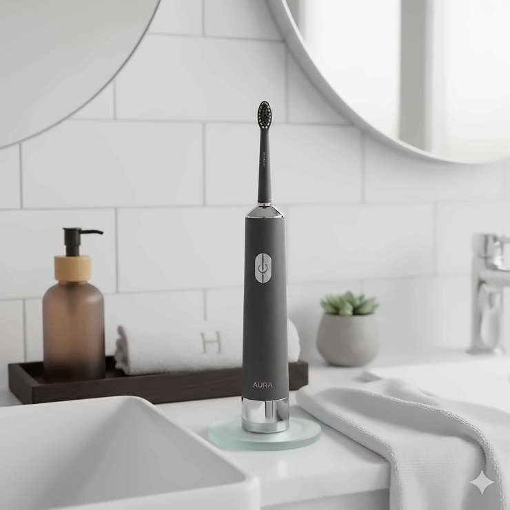 A premium electric toothbrush standing on a modern white marble bathroom vanity in a UK home, showcasing a sleek grey design and minimalist charging base. best electric toothbrush UK