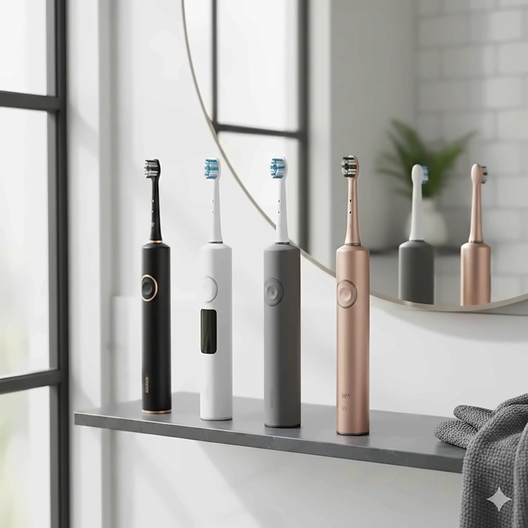 A selection of the best electric toothbrush models available in the UK, including premium oscillating and sonic options on a bathroom shelf.