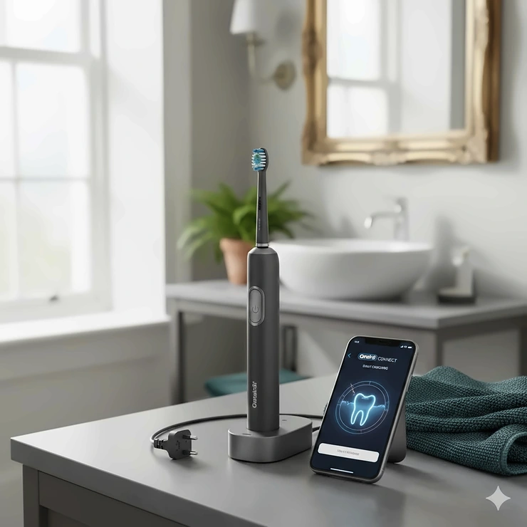 A premium electric smart toothbrush with a smartphone app displayed on a modern bathroom vanity in a UK home. smart toothbrush with app UK