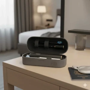 A compact, portable travel case containing a premium electric toothbrush and two spare brush heads.