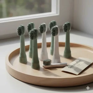 A selection of eco-friendly and recyclable electric toothbrush replacement heads, reflecting sustainable oral care choices for British consumers.