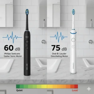 A decibel comparison chart showing the quiet operation of a Philips Sonicare versus the louder mechanical sound of an Oral-B motor.