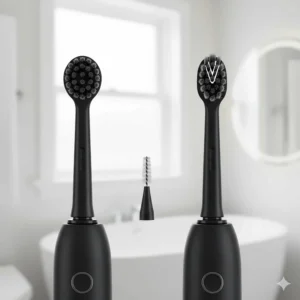 An illustration of a toothbrush handle glowing red to indicate too much pressure on delicate orthodontic wires.