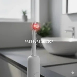 Close-up of a budget electric toothbrush with a built-in pressure sensor light to prevent over-brushing.