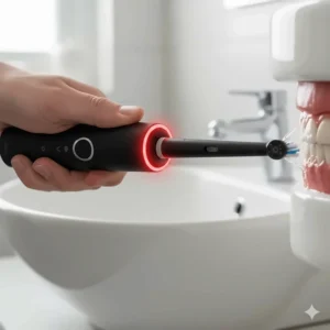 An Oral-B toothbrush handle lighting up with a red LED ring to warn a user about brushing too hard.