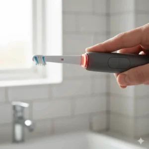Close-up illustration of a smart electric toothbrush with a red warning light indicating too much pressure during brushing.