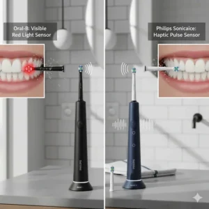Illustration of the visible red light pressure sensor on an Oral-B handle compared to the haptic pulse vibration sensor on a Philips Sonicare.