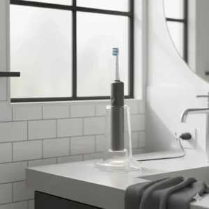 An electric toothbrush charging on a sleek glass base in a modern British bathroom.