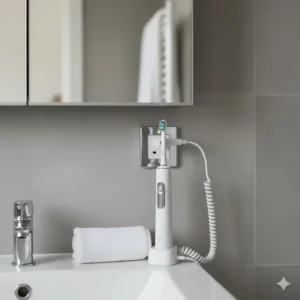 A photorealistic view of an electric toothbrush charging via a standard UK 2-pin bathroom shaver socket.