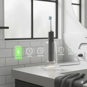 An icon-led illustration showing a toothbrush battery lasting up to three weeks on a single charge.