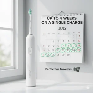 An illustration of a toothbrush next to a calendar, highlighting long battery life for UK travellers.