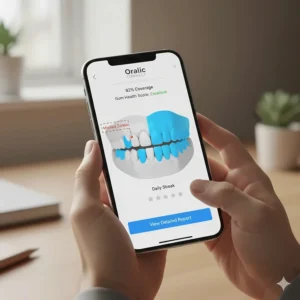3D mouth map on a smartphone screen indicating missed areas during a two-minute brushing session.