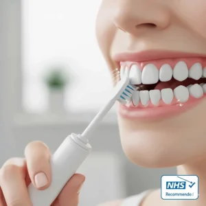 An illustration showing the 45-degree angle brushing technique for effective plaque removal, as recommended by NHS dentists.
