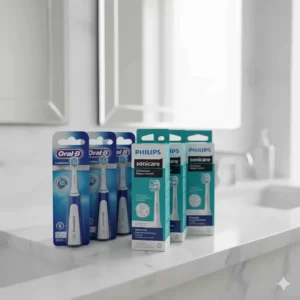 A variety of British Oral-B CrossAction and Philips Sonicare replacement brush head packets on a clean shelf.