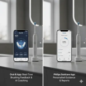 Smartphone screens displaying the Oral-B and Philips Sonicare apps for real-time brushing feedback and AI dental coaching.