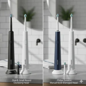 A close-up comparison of the small round Oral-B brush head and the elongated, manual-style Philips Sonicare brush head.
