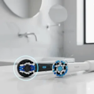 Close-up showing the Oral-B round oscillating brush head next to the Philips Sonicare vibrating sonic brush head.