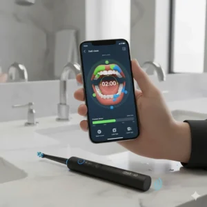 A smartphone displaying real-time brushing feedback and coaching from a Bluetooth-connected electric toothbrush.