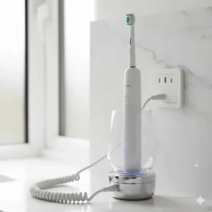 A Philips Sonicare toothbrush charging in its chrome base with a UK two-pin bathroom plug visible in the background.
