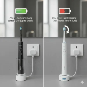 Two electric toothbrushes on charging docks with UK 2-pin bathroom plugs, highlighting Sonicare's longer battery life vs Oral-B iO fast charging.