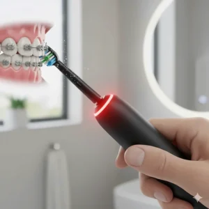 Diagram showing how sonic vibrations help remove plaque from around dental brackets and archwires.