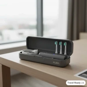 A premium, compact travel case for an electric toothbrush, designed for portability and hygiene for UK travellers on the move.