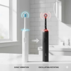 A side-by-side comparison of sonic vibration technology and oscillating-rotating brush head movements.