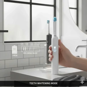 An illustration of an electric toothbrush display highlighting a specialised teeth whitening and polishing mode.