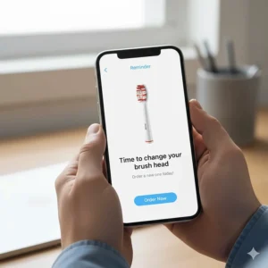 Notification on a smartphone screen reminding the user to change their brush head, linked to a UK subscription service.