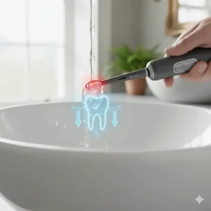 Illustration showing the smart toothbrush LED ring turning red to alert the user of brushing too hard.