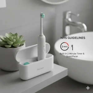 A graphic showing a toothbrush with a 2-minute vibrating timer icon, following NHS brushing recommendations.