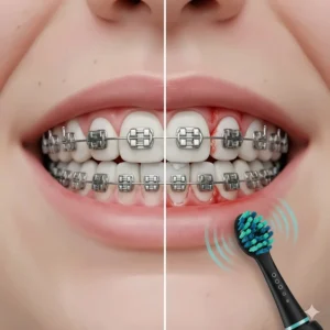 A compact electric toothbrush with a travel case, ideal for UK students or commuters with braces.