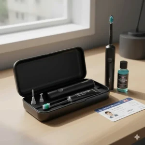 Infographic showing a digital timer set to two minutes for a thorough orthodontic cleaning routine.