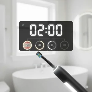 A friendly British orthodontist pointing to an electric toothbrush as the best choice for brace care.