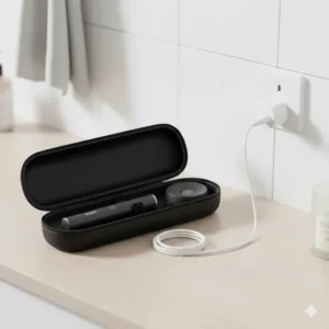 A portable travel case and a standard UK two-pin bathroom plug adapter for an electric toothbrush.