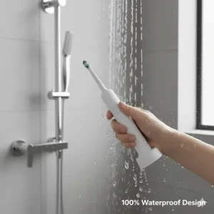 A waterproof budget electric toothbrush being used in a shower, showing durability and versatility.
