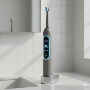 Detailed view of a toothbrush handle showing a digital display with a dedicated whitening programme and a haptic 2-minute timer for optimal cleaning.