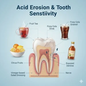 Photorealistic illustration of enamel erosion on a tooth, often caused by acidic drinks like fruit teas or fizzy beverages.