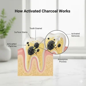 An illustration showing how activated charcoal particles bind to surface stains on tooth enamel.