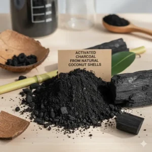 Raw activated charcoal powder derived from coconut shells, often used in natural UK oral care products.