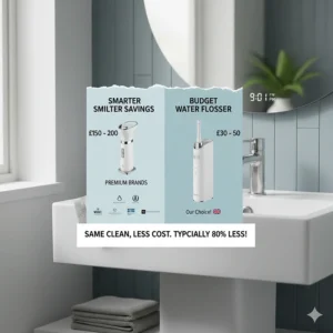 A graphic comparing the cost of a budget water flosser against premium dental brands in Pounds Sterling.