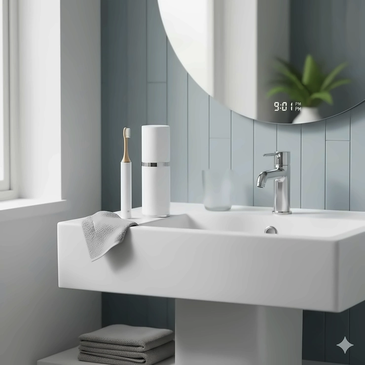 A compact cordless budget water flosser sitting on a modern white bathroom vanity next to a toothbrush. budget water flosser