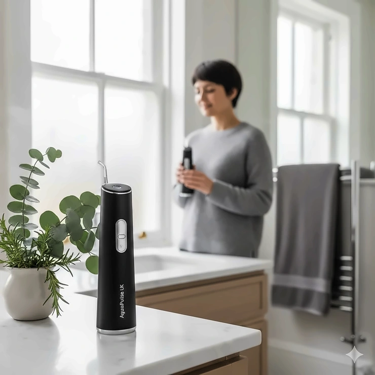 A person using a cordless water flosser in a modern British bathroom to improve gum health. cordless water flosser