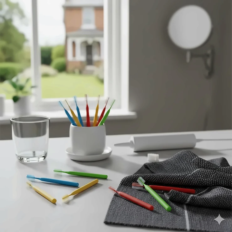 A variety of colourful interdental brushes arranged on a bathroom counter, illustrating different sizes for effective plaque removal. interdental brushes