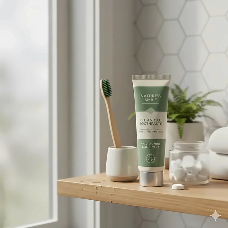 A tube of botanical natural toothpaste on a light oak shelf in a modern British bathroom with a bamboo toothbrush and soft window lighting.