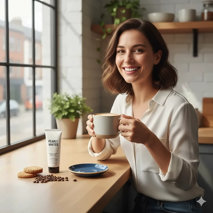 A person smiling confidently while holding a cup of coffee, illustrating how to use the best toothpaste for coffee stains. toothpaste for coffee stains