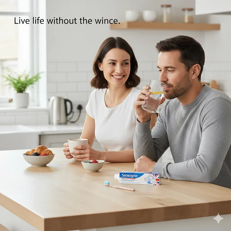 A couple in a modern British kitchen enjoying cold water and hot tea, showcasing relief provided by toothpaste for sensitive teeth. toothpaste for sensitive teeth