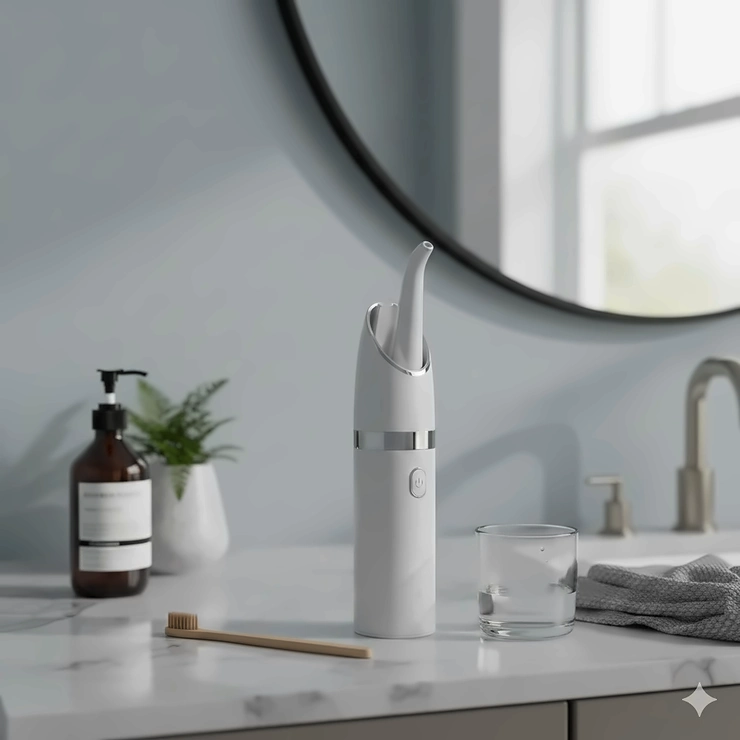 A modern cordless water flosser sitting on a white marble vanity unit in a bright British bathroom. water flosser